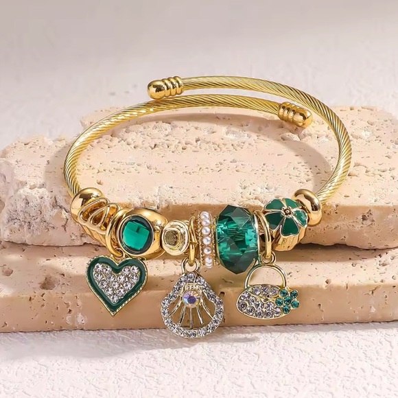 Anthropologie Jewelry - Emerald Charm 18K Gold Stainless Steel Cable Bracelet